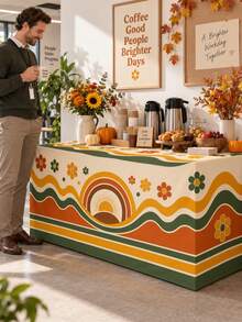 1pc Retro Boho Fall 3-Sided Table Cover, Polyester Tablecloth With Orange Green Wavy Stripes, Vintage Flowers & Sunrise Arch, 70s Geometric Table Decor For Autumn Party,Suitable For Thanksgiving, Weddings, Kitchen Decor, And Autumn Home Decoration. - Multicolor - View 10
