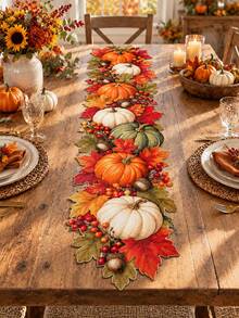 1pc Autumn Pumpkin Linen Table Runner, Harvest Theme Layered Pumpkin, Maple Leaf, Berry & Acorn Pattern, Asymmetrical Shape Rustic Farmhouse Style Dining Table Decor, Suitable For Thanksgiving Dinner, Autumn Party, Kitchen, Dining Table & Home Decoration - Multicolor - View 1