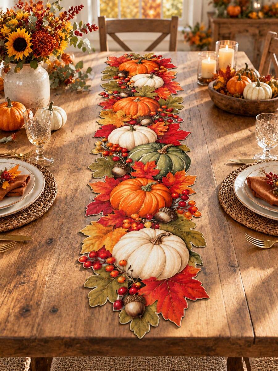 1pc Autumn Pumpkin Linen Table Runner, Harvest Theme Layered Pumpkin, Maple Leaf, Berry & Acorn Pattern, Asymmetrical Shape Rustic Farmhouse Style Dining Table Decor, Suitable For Thanksgiving Dinner, Autumn Party, Kitchen, Dining Table & Home Decoration - Multicolor - View 1