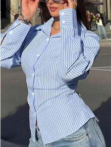 Striped Polyester Back Tie Shirt For Office, Daily Wear, Date, Airport, Travel, Home, Spring, Autumn, Winter - Sky Blue - View 3