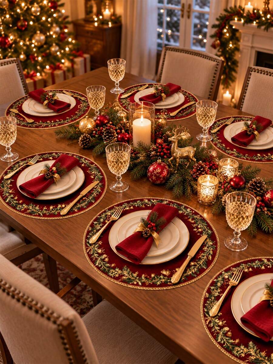 2/4/6Pcs Elegant Burgundy And Gold Christmas Placemats – Round Linen Table Mats Featuring Exquisite Leaf, Gold Berry, And Christmas-Themed Patterns; Perfect For Christmas Dinners, Holiday Parties, Kitchen And Dining Areas, And Winter Home Decor. - Multicolor - View 1