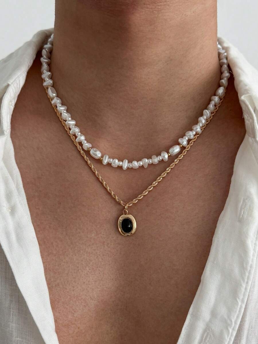 2pcs/Set Autumn Vintage Old Money Style Double Layer Stacked Necklace, Baroque Pearl & Black Agate Oval Pendant, Back To School Daily Gift Choker