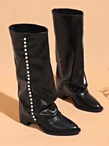 Women's Vintage Pointed Toe Chunky Heel Pearl Slip-On Knee-High Boots, Flat Sole, Fashionable Versatile Minimalist Solid Color - Black - View 5