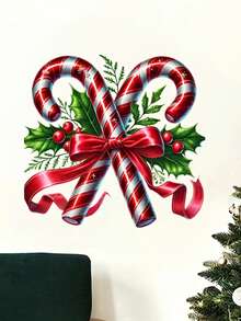 1pc Christmas Candy Cane And Holly Leaf Berry Red Bow Pattern PVC Material Home Wall Bathroom Toilet Decoration Sticker, Suitable For Christmas Holiday Atmosphere Decoration Of Walls, Cabinets, Refrigerators, Toilet Lids And Other Scenes - A - View 4
