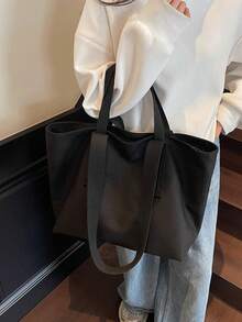 Tote Bag, Minimalist And Elegant Open-Top Design, Dual Wide Strap To Distribute Weight, Comfortable Shoulder Carry. Organized Interior Layout With Ample Storage Space To Accommodate Various Personal Items, Clean And Simple Silhouette, Suitable For Daily Outings, Commuting, And Shopping, Creating A Casual And Elegant Outfit Look. - Black - View 5