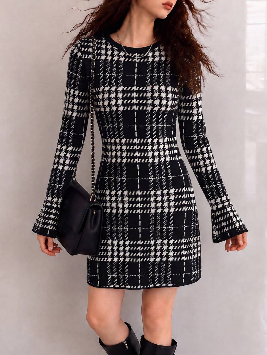 Women's New Knitted Plaid Short Sweater Dress, Long Sleeve Slim Fit, Suitable For Autumn/Winter - Black - View 1