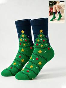 1 Pair Women's Mid-Calf Socks, Green Christmas Tree, Star And Colorful Ball Pattern, Elastic Ribbed Cuff, Festive Atmosphere, Party, Gift, Versatile, Casual Socks - Multicolor - View 1