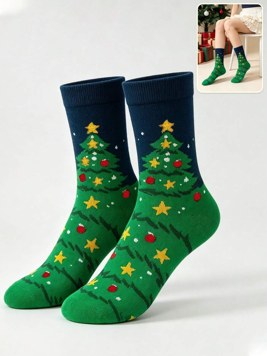 1 Pair Women's Mid-Calf Socks, Green Christmas Tree, Star And Colorful Ball Pattern, Elastic Ribbed Cuff, Festive Atmosphere, Party, Gift, Versatile, Casual Socks - Multicolor - View 1
