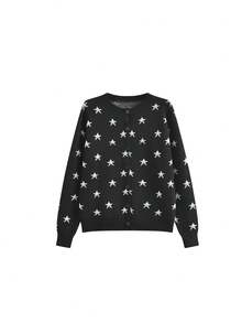 Sweet Girl Style Star Jacquard Minimalist Knit Cardigan Top, Slouchy Chic Versatile Autumn/Winter Knit Sweater Jacket For Women - Black - View 5