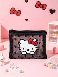 SANRIO Mini Cable & Coin Storage Pouch, Cute Hello Kitty Heart Pattern Mesh Zipper Storage Bag, Transparent Multi-Purpose Storage Bag, Portable Makeup Bag, Transparent First Aid Kit - Multicolor - View 9