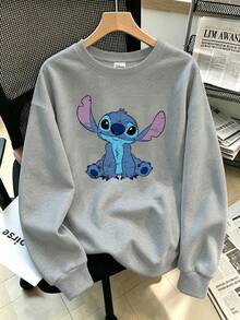 Áo nỉ dài tay cổ tròn Disney size lớn nữ phong cách thường ngày, rách mài, in họa tiết đường khâu, dễ thương, thu đông - Xám - Xem 4