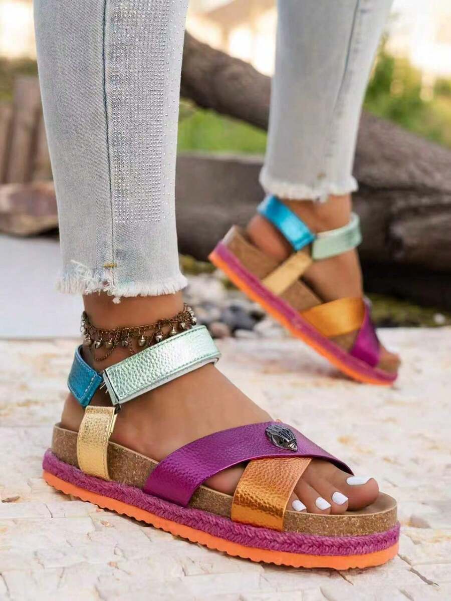Rainbow Colorblock Wedge Sandals For Women, Hook-And-Loop Backless Thick Sole Platform Shoes, Lightweight Non-Slip Beach Vacation Casual Versatile Height-Increasing Sandals - Multicolor - View 1