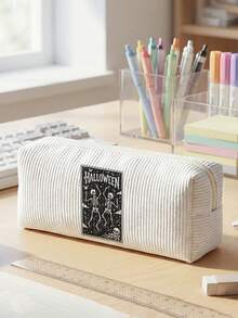 1pc Halloween Skull Jack-O'-Lantern Print Corduroy Pencil Case, Zipper Large Capacity Stationery Storage Pouch For Student School Daily Study - Multicolor - View 15