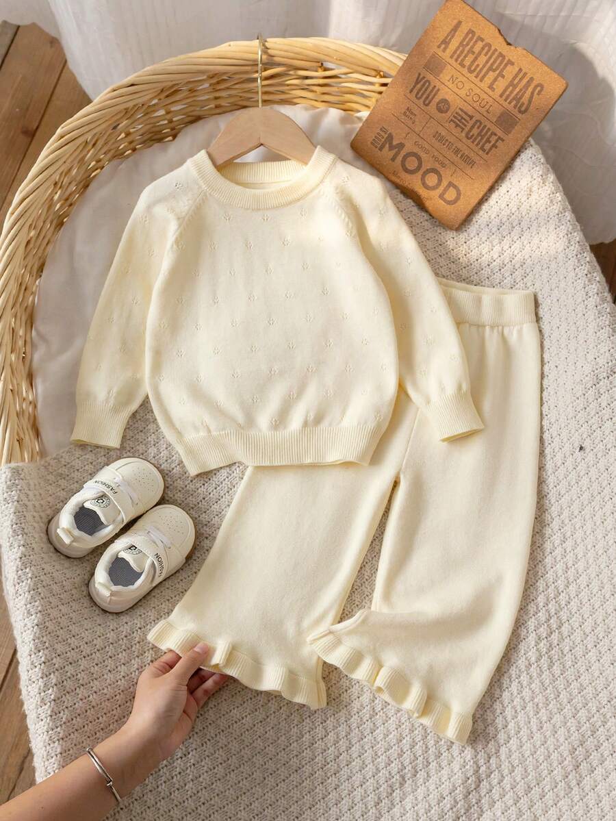 2pcs/Set Girls Sweet Delicate Floral Pattern Round Neck Long Sleeve Knit Sweater And Ruffle Hem Wide Leg Knit Pants Casual Sweet Outfit Suitable For Daily Wear, School, Spring, Autumn, Winter - Apricot - View 1
