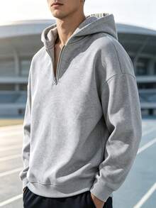Men's Solid Color Half-Zip Sweatshirt, Loose Fit Drop Shoulder Long Sleeve Pullover, Running Fitness Cycling Sports Casual Daily Versatile Sweatshirt, Autumn/Winter - Light Grey - View 5