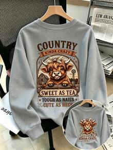 Plus-Size Women's Crew Neck Sweatshirt With Cute Highland Calf Double-Sided Print, Casual And Simple, Perfect For Everyday Autumn And Winter Wear. - Grey - View 1