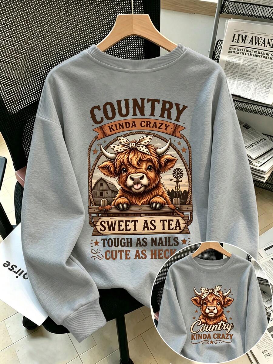 Plus-Size Women's Crew Neck Sweatshirt With Cute Highland Calf Double-Sided Print, Casual And Simple, Perfect For Everyday Autumn And Winter Wear. - Grey - View 1