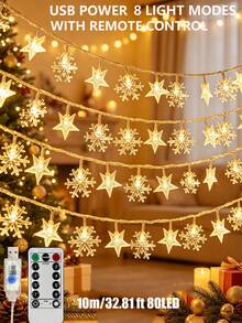 USB Powered LED Star Snowflake Christmas String Lights With Remote Control, 8 Lighting Modes Warm White Snowflake Fairy Lights, Christmas Tree Party Home Bedroom Dorm Indoor Wall Hanging Decorative Lights, Holiday Winter Atmosphere Decoration Lights - Transparent Stars + Snowflakes - View 12