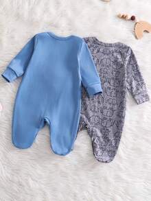 Autumn/Winter Cute Newborn Blue Elephant Print + Grey All-Over Elephant Print Romper 2-Piece Set, Soft Fabric, Suitable For Baby Boy Home Wear - Royal Blue - View 3
