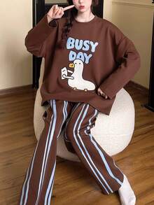 2pcs Women's Pajamas Loungewear Set, Round Neck Couple Style Pullover Cute Goose Print Long Sleeve Pants, Comfortable For Home Wear - Brown - View 5