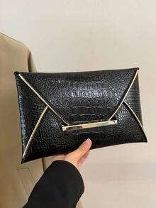Crocodile Texture Stone Texture Minimalist Fashion Casual PU Solid Color Clutch Bag Envelope Bag - Black - View 4
