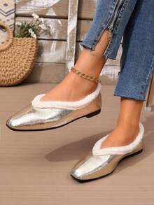 rlyza Women's Thermal Lined Square Toe Low Vamp Flats, Retro Faux Fur Trim, Comfortable Warm Commuter Slouchy Shoes - Gold - View 3