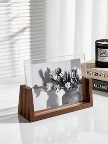 1pc Minimalist U-Shaped Wooden Base Acrylic Photo Frame, Freestanding Desktop Picture Holder, Modern Aesthetic Living Room Bookshelf Countertop Decor, Gift For Family And Friends - Walnut - View 9