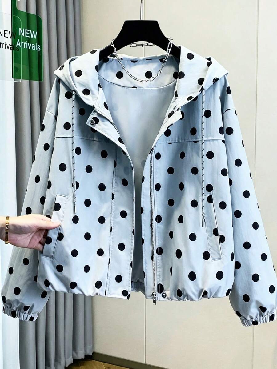 秋季新款女式復古浪漫波點夾克外套 休閒時尚 百搭寬鬆舒適 日常通勤度假學院風 - 灰藍波點 - 查看 1