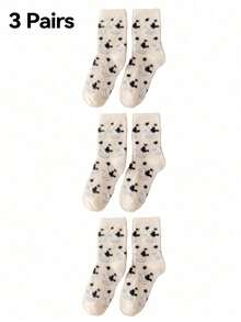 2 Pairs Cute Cow Pattern Plush Round Neck Fluffy Socks, Thick Warm Coral Fleece Socks, Soft And Comfortable, Suitable For Daily Wear, Holiday, Winter Home Warmth, Warm And Caring - Multicolor - View 12
