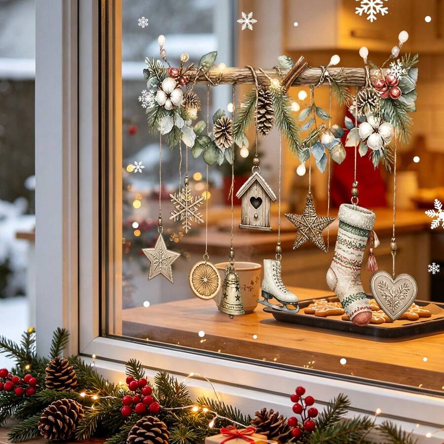 1/3pcs Christmas Hanging Tree Branch Decorative Window Sticker, Double-Sided Visible PVC Electrostatic Adsorption Glass Sticker, Suitable For Refrigerators, Cabinets, Living Rooms, Bedrooms, And Home Decoration. - Multicolor - View 1