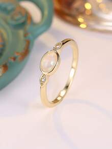 1pc Minimalist Oval Synthetic Opal Gold-Plated Yellow Women's Stackable Ring, Suitable For All Special Occasions Throughout The Year, Enhance Your Charm - White - View 5