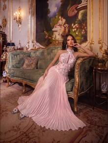 Modphy Women's New Heavy Rhinestone Halter Neck Backless White Maxi Dress, Waist-Cinching Design, Suitable For Holidays, Weddings, Parties And Formal Events - Pink - View 4
