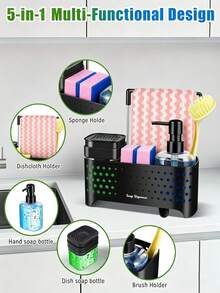 Kitchen & Bathroom Soap Dispenser Set, 5-In-1 Dual Function Hand Soap & Dish Soap Pump With Sponge Holder, Cloth Rack, Drain Rack And Brush Holder, Countertop Sink Organizer, Refillable Soap Dispenser Bottle, Dispensing Bottle, Practical Kitchen & Bathroom Tools, Kitchen Organizer, Kitchen Accessories, Bathroom Accessories, Modern Home Decor, Back To School Essentials, Ideal Holiday Gift For Family And Friends - Multicolor - View 3