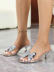 Glam Bridal Silver Metallic Glitter Rhinestone Butterfly Clear PVC Slip‑On Mule Heels, Square Toe Flared Mid‑Heel Slide Sandals For Evening Party - Silver - View 2