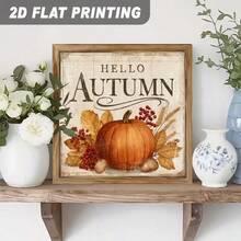 2D Flat, 1pc 2D Flat, Wooden Frame Sign, "Hello, Autumn" Text, With Pumpkin, Autumn Leaves, Berries, Wheat Patterns, Rustic Style Decor, Wall Art, Farmhouse Style, Autumn Home Decor, Decorative Sign And Plaque, Size 5.91 X 5.91 Inches - Multicolor - View 4