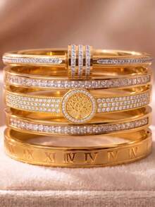 5/1pcsLuxury Gold‑Tone Stainless Steel Stackable Bangle Set, Bring You Multiple Styling Options - Gold - View 16