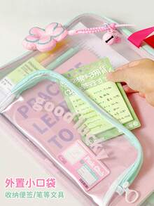 Horizontal A4 Grid File Bag With Portable Flower Charm, Transparent Zipper File Storage Bag, Portable Student Campus Exam Paper And Material Storage Bag - Multicolor - View 2
