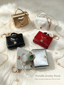 1pc Faux Leather Heart-Shaped Mini Jewelry Storage Bag, Portable Earphone Bag Keychain Hanging, Mini Travel Ring Box Travel Jewelry Box Cosmetic Storage Box, Women's Earring/Ring/Necklace/Bracelet Storage Box, Mini Wallet, Birthday Gift - Heart-shaped Solid Color Small Bag - View 2