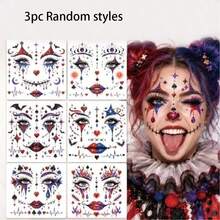 3/2/1pc Random Style Realistic Clown Face Tattoo Stickers, Long-Lasting All-Night Halloween Party Makeup, Non-Smudging Face Stickers - Multicolor - View 10