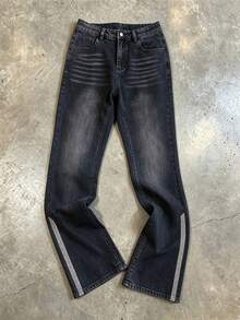 Celana Jeans Pria Hitam Model Flare dengan Efek Pudar, Celana Denim Vintage dengan Hiasan Rhinestone di Samping, Gaya Kasual Jalanan Cocok untuk Pemakaian Sehari-hari dan Pesta - Hitam - View 3