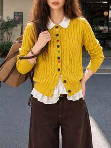 Women's Autumn/Winter Casual Minimalist Cable Knit Design Colorful Button Round Neck Cardigan Sweater Jacket - Yellow - View 4