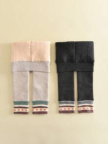 2pcs Thickened Baby Leggings With Heart Pattern, Children's Tights, Long Pants, Warm And Comfortable, Girls' Tights, Autumn/Winter - Multicolor - View 8