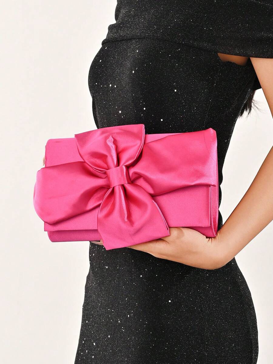 LJDCRFT Elegant Satin Bow Evening Clutch For Women With Detachable Chain Shoulder Strap, Suitable For Parties, Weddings, Proms, And Other Occasions - Hot Pink - View 1