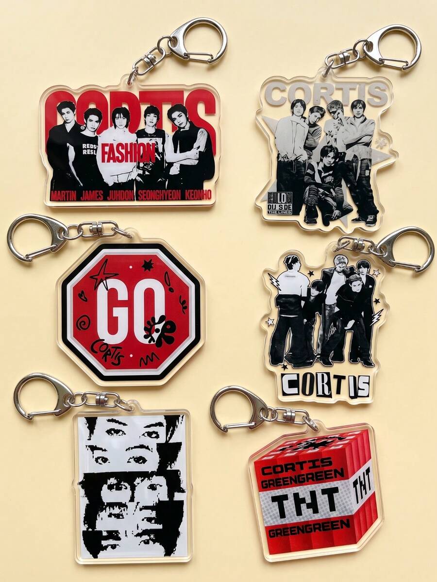 1pc/6pcs K-Pop Group CO-RTIS Aesthetic Acrylic Keychains, Popular Boy Band CO-RTIS Visual Series Including Red Large Letter Five-Member Photo, Black & White Vintage Style Member Group Photo, Backpack & Car Key Accessories, Gift For CO-RTIS Fans & K-Pop Music Lovers - Multicolor - View 1