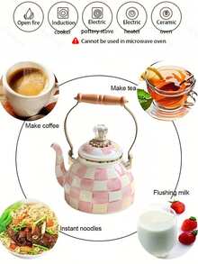 Retro Checkered Enamel Kettle With Wooden Handle & Diamond‑Shaped Lid, Multi‑Purpose Large‑Capacity Storage Jar, Heat‑Resistant Tea & Coffee Pot, Home Desktop Decor, Holiday & Birthday Gift - Pink and White Plaid - View 10