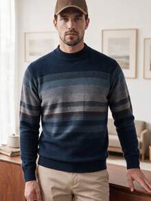 Navy Blue Men's Checkered Stripe Casual Crew-Neck Thick Knit Sweater, Winter, For Fall, Long Sleeve Top - Navy Blue - View 2