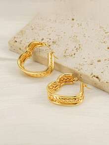 RAYQUEEN 1 Pair New Fashion Heart Square Rhombus Stainless Steel Personalized Large Stud Earrings For Women, Suitable For Daily Wear - Gold - View 8