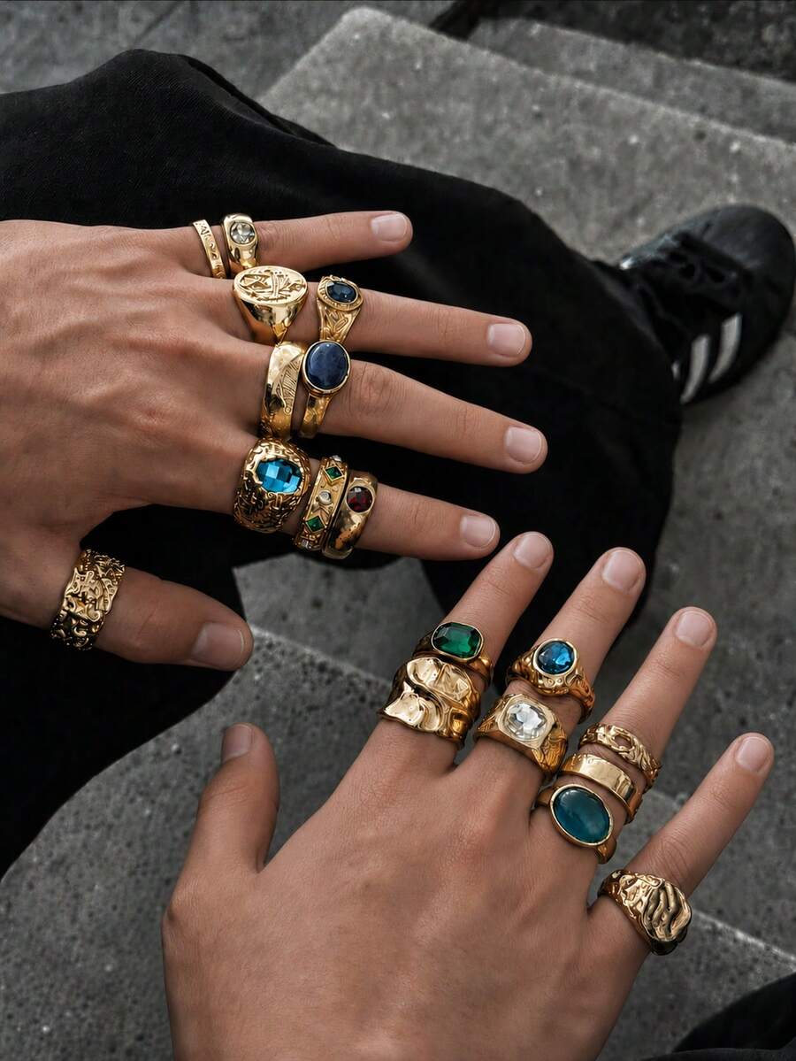 18pcs Vintage Punk Liquid Geometric Metal Inlaid Gemstone Rings, Fashion Adjustable Knuckle Ring Set, Men's Style - Yellow Gold - View 1