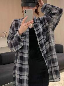 女士格子印花休闲长袖衬衫，随机裁剪，黑色夏季长袖上衣 - 黑色 - 查看 2