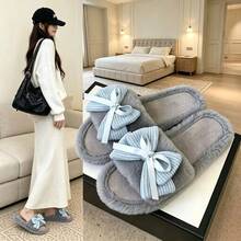 Women Fuzzy Plush Slide Slippers, Waffle Bow Decor Open‑Toe Soft Warm Indoor Bedroom House Slippers - Grey - View 11